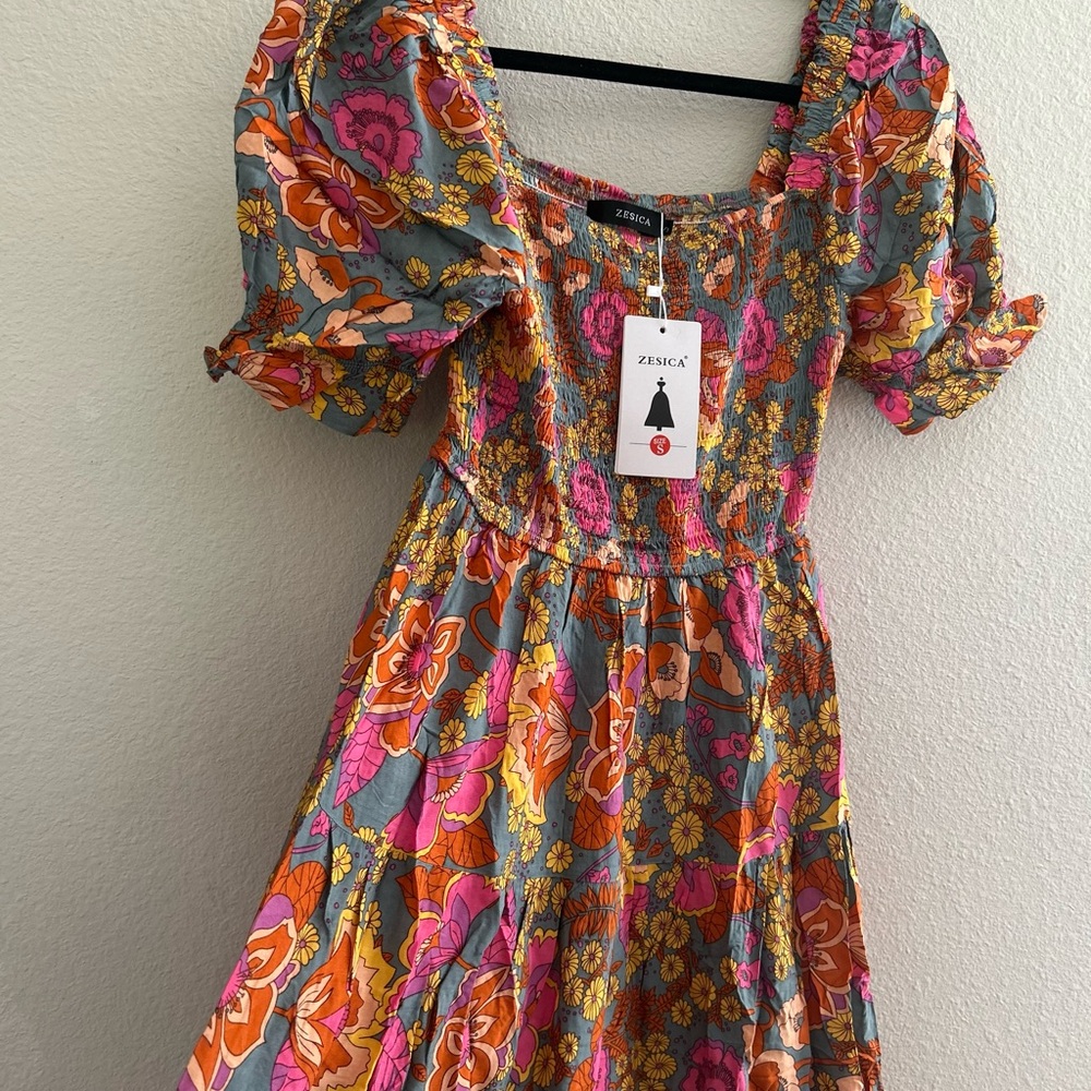 Orange and Pink Puff Sleeve boho Sundress - Picture 5 of 12